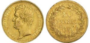 20 francs Louis-Philippe Ier - tête nue - tranche en relief - 1830 A (Paris) 20 francs Louis-Philippe Ier - tête nue - tranche en relief - 1830 A (Paris)