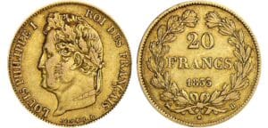 20 francs Louis-Philippe Ier - tête laurée - 1833 B (Rouen) 20 francs Louis-Philippe Ier - tête laurée - 1833 B (Rouen)