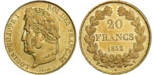 20 francs Louis-Philippe Ier - tête laurée - 1832 W (Lille) 20 francs Louis-Philippe Ier - tête laurée - 1832 W (Lille)