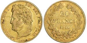 20 francs Louis-Philippe Ier - tête laurée - 1840 W (Lille) caducée 20 francs Louis-Philippe Ier - tête laurée - 1840 W (Lille) caducée