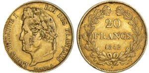20 francs Louis-Philippe Ier - tête laurée - 1842 W (Lille) 20 francs Louis-Philippe Ier - tête laurée - 1842 W (Lille)