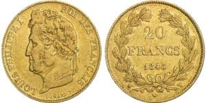 20 francs Louis-Philippe Ier - tête laurée - 1845 W (Lille) 20 francs Louis-Philippe Ier - tête laurée - 1845 W (Lille)
