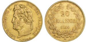 20 francs Louis-Philippe Ier tête laurée - 1844 W (Lille) 20 francs Louis-Philippe Ier tête laurée - 1844 W (Lille)
