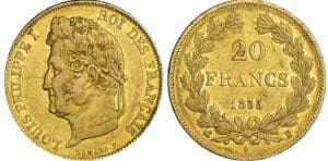 20 francs Louis-Philippe Ier - tête laurée - 1835 B (Rouen) 20 francs Louis-Philippe Ier - tête laurée - 1835 B (Rouen)