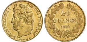 20 francs Louis-Philippe Ier - tête laurée - 1839 W (Lille) 20 francs Louis-Philippe Ier - tête laurée - 1839 W (Lille)
