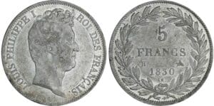 5 francs Louis-Philippe Ier tête nue - tranche en creux - 1830 B (Rouen) 5 francs Louis-Philippe Ier tête nue - tranche en creux - 1830 B (Rouen)