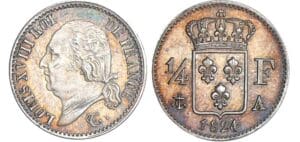 1/4 de franc Louis XVIII au buste nu - 1824 A (Paris) 1/4 de franc Louis XVIII au buste nu - 1824 A (Paris)