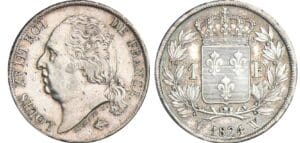 1 franc Louis XVIII au buste nu - 1824 W (Lille) 1 franc Louis XVIII au buste nu - 1824 W (Lille)