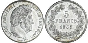 5 francs Louis-Philippe Ier tête laurée 2ème type - 1835 W (Lille) 5 francs Louis-Philippe Ier tête laurée 2ème type - 1835 W (Lille)