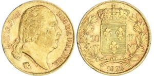 20 francs Louis XVIII au buste nu - 1822 W (Lille) 20 francs Louis XVIII au buste nu - 1822 W (Lille)