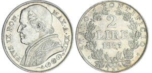 Italie - Etat papal - Pie IX (1866-1870) - 2 lire 1867 An XXII (Rome)