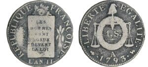 Sol à la balance type FRANCOISE - An II - 1793 A (Paris) Sol à la balance type FRANCOISE - An II - 1793 A (Paris)