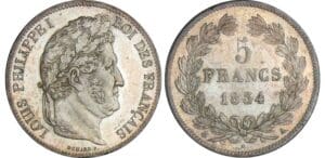 5 francs Louis-Philippe Ier tête laurée 2ème type - 1834 A (Paris) 5 francs Louis-Philippe Ier tête laurée 2ème type - 1834 A (Paris)