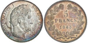 5 francs Louis-Philippe Ier tête laurée 3ème type - 1845 W (Lille) 5 francs Louis-Philippe Ier tête laurée 3ème type - 1845 W (Lille)