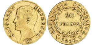 20 francs Napoléon Ier - calendrier grégorien 1806 U (Turin) 20 francs Napoléon Ier - calendrier grégorien 1806 U (Turin)