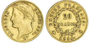 20 francs Napoléon revers empire - 1814 Q (Perpignan)