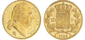 20 francs Louis XVIII au buste nu - 1824 A (Paris) 20 francs Louis XVIII au buste nu - 1824 A (Paris)