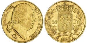 20 francs Louis XVIII au buste nu - 1823 A (Paris) 20 francs Louis XVIII au buste nu - 1823 A (Paris)