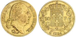 20 francs Louis XVIII au buste nu - 1824 A (Paris) 20 francs Louis XVIII au buste nu - 1824 A (Paris)