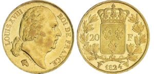 20 francs Louis XVIII au buste nu - 1824 W (Lille) 20 francs Louis XVIII au buste nu - 1824 W (Lille)