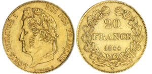 20 francs Louis-Philippe Ier tête laurée - 1844 W (Lille) 20 francs Louis-Philippe Ier tête laurée - 1844 W (Lille)