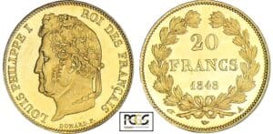 20 francs Louis-Philippe Ier tête laurée - 1848 A (Paris) flan bruni 20 francs Louis-Philippe Ier tête laurée - 1848 A (Paris) flan bruni