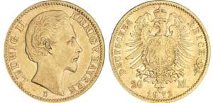 Allemagne - Bavière - Ludwig II - 20 mark 1872 D Allemagne - Bavière - Ludwig II - 20 mark 1872 D