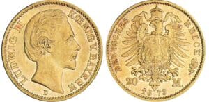 Allemagne - Bavière - Ludwig II - 20 mark 1873 D Allemagne - Bavière - Ludwig II - 20 mark 1873 D