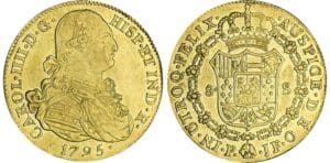 Colombie - Charles IV - 8 escudos 1795 P JF (Popayan) Colombie - Charles IV - 8 escudos 1795 P JF (Popayan)