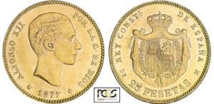 Espagne - Alfonso XII - 25 pesetas 1877 * 77 (Madrid) Espagne - Alfonso XII - 25 pesetas 1877 * 77 (Madrid)