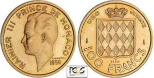 Monaco - Rainier III - 100 francs 1956 - Essai en or Monaco - Rainier III - 100 francs 1956 - Essai en or
