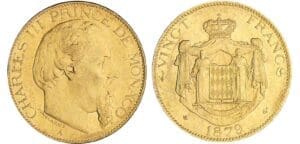 Monaco - Charles III - 20 francs 1879 A (Paris) ancre simple Monaco - Charles III - 20 francs 1879 A (Paris) ancre simple