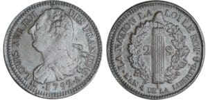 2 sols au faisceau type FRANCOIS - 1792 A (Paris) frappe virole 2 sols au faisceau type FRANCOIS - 1792 A (Paris) frappe virole