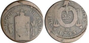 2 sols à la balance - An II - 1793 BB (Strasbourg) frappe décalée