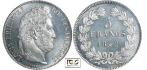 5 francs Louis-Philippe Ier tête laurée 3ème type - 1842 A (Paris) flan bruni 5 francs Louis-Philippe Ier tête laurée 3ème type - 1842 A (Paris) flan bruni