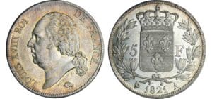 5 francs Louis XVIII au buste nu - 1821 A (Paris) 5 francs Louis XVIII au buste nu - 1821 A (Paris)