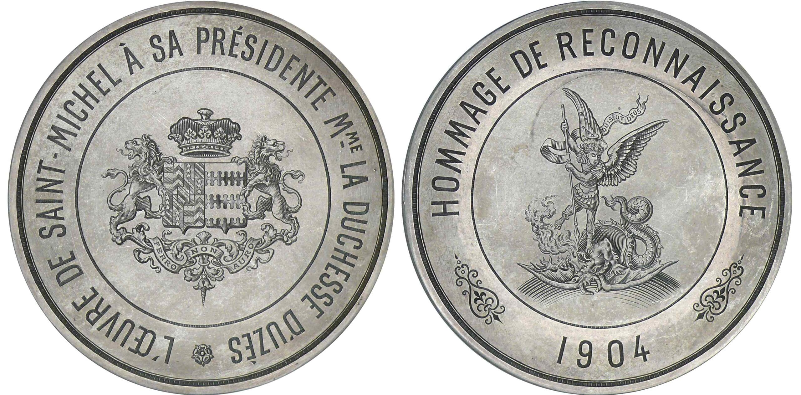Médaille - Œuvre de Saint-Michel à sa présidente Mme la Duchesse d'Uzès - 1904 Médaille - Œuvre de Saint-Michel à sa présidente Mme la Duchesse d'Uzès - 1904
