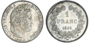 1 franc Louis-Philippe Ier tête laurée - 1845 B (Rouen) 1 franc Louis-Philippe Ier tête laurée - 1845 B (Rouen)