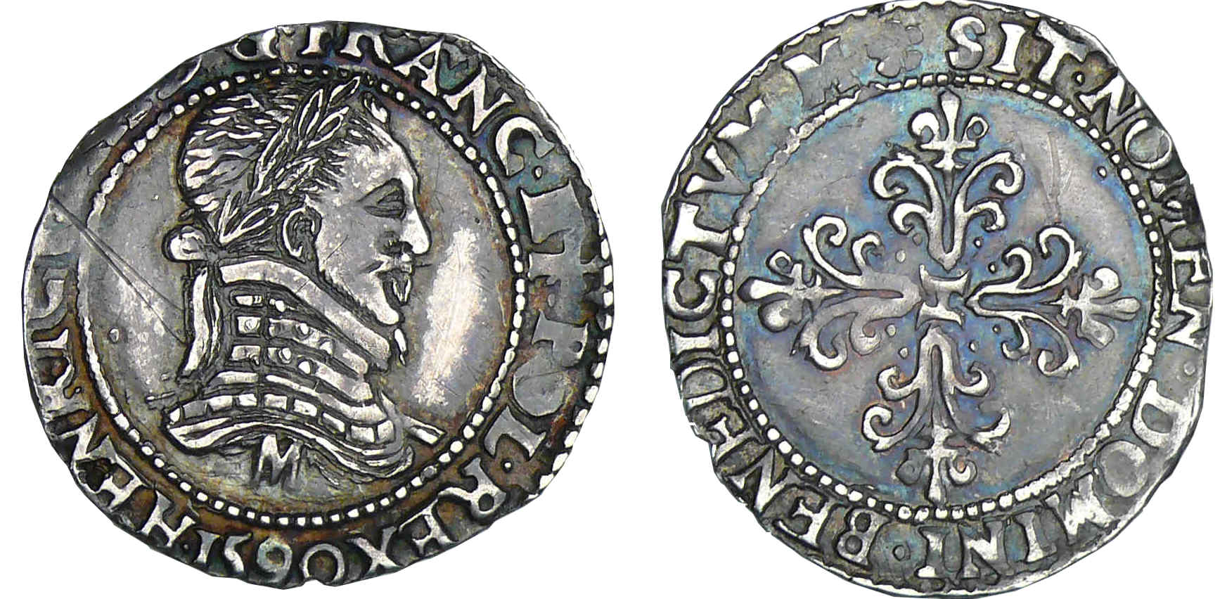 Charles X (au nom d'Henri III) monnayage de la ligue - Demi-franc au col plat - 1590 M (Toulouse) Charles X (au nom d'Henri III) monnayage de la ligue - Demi-franc au col plat - 1590 M (Toulouse)
