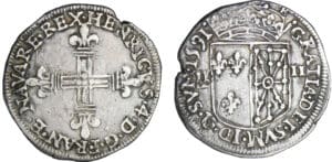 Henri IV (1589-1610) - Quart d'écu de Navarre - 1591 (Saint-Palais) Henri IV (1589-1610) - Quart d'écu de Navarre - 1591 (Saint-Palais)