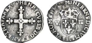 Henri IV (1589-1610) - Huitième d'écu à la croix bâtonnée fleurdelisée - 1607 H (La Rochelle) Henri IV (1589-1610) - Huitième d'écu à la croix bâtonnée fleurdelisée - 1607 H (La Rochelle)