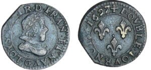 Louis XIII (1610-1643) - Double tournois au buste juvénile et col plat - 1627 G (Poitiers) Louis XIII (1610-1643) - Double tournois au buste juvénile et col plat - 1627 G (Poitiers)
