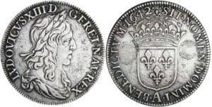 Louis XIII (1610-1643) - ½ écu du 1er poinçon de Warin - 1642 A (Paris) point point avec baies Louis XIII (1610-1643) - ½ écu du 1er poinçon de Warin - 1642 A (Paris) point point avec baies