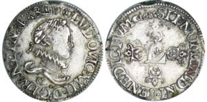 Louis XIII (1610-1643) - ½ franc au buste enfantin, tête laurée, col fraisé, au lis - 1615 C (Saint-Lô) Louis XIII (1610-1643) - ½ franc au buste enfantin, tête laurée, col fraisé, au lis - 1615 C (Saint-Lô)