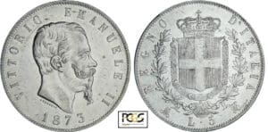 Italie - Vittorio Emanuele II - 5 lire 1873 M (Milan) Italie - Vittorio Emanuele II - 5 lire 1873 M (Milan)