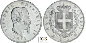 Italie - Vittorio Emanuele II - 5 lire 1874 M (Milan) Italie - Vittorio Emanuele II - 5 lire 1874 M (Milan)