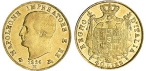Italie - Règne d'Italie - 40 lire 2ème type - Tranche en creux - 1814 M (Milan) Italie - Règne d'Italie - 40 lire 2ème type - Tranche en creux - 1814 M (Milan)