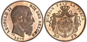 Belgique - Léopold II - 20 francs 1870 - Essai en bronze Belgique - Léopold II - 20 francs 1870 - Essai en bronze