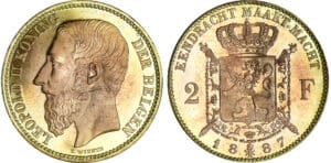 Belgique - Léopold II - 2 francs 1887 - essai en bronze Belgique - Léopold II - 2 francs 1887 - essai en bronze