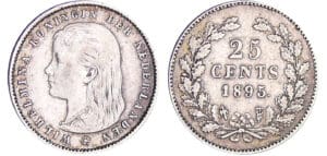 Pays-Bas - Wilhelmina - 25 cent 1895 différent incliné Pays-Bas - Wilhelmina - 25 cent 1895 différent incliné